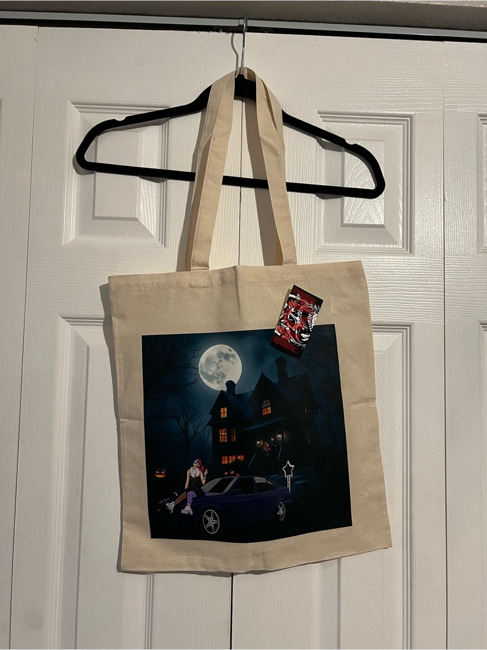 Custom miniature car world design on tote bag